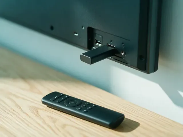 Stick de streaming conectado al HDMI de un televisor, con su mando delante, listo para instalar la app de Extreme IPTV