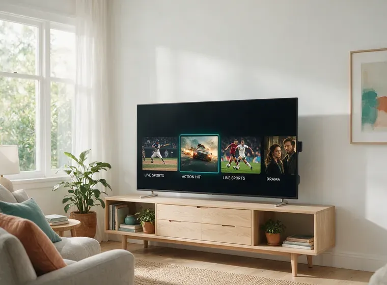 Televisor moderno en un salón con la interfaz de Extreme IPTV en pantalla y un stick de streaming conectado al lateral