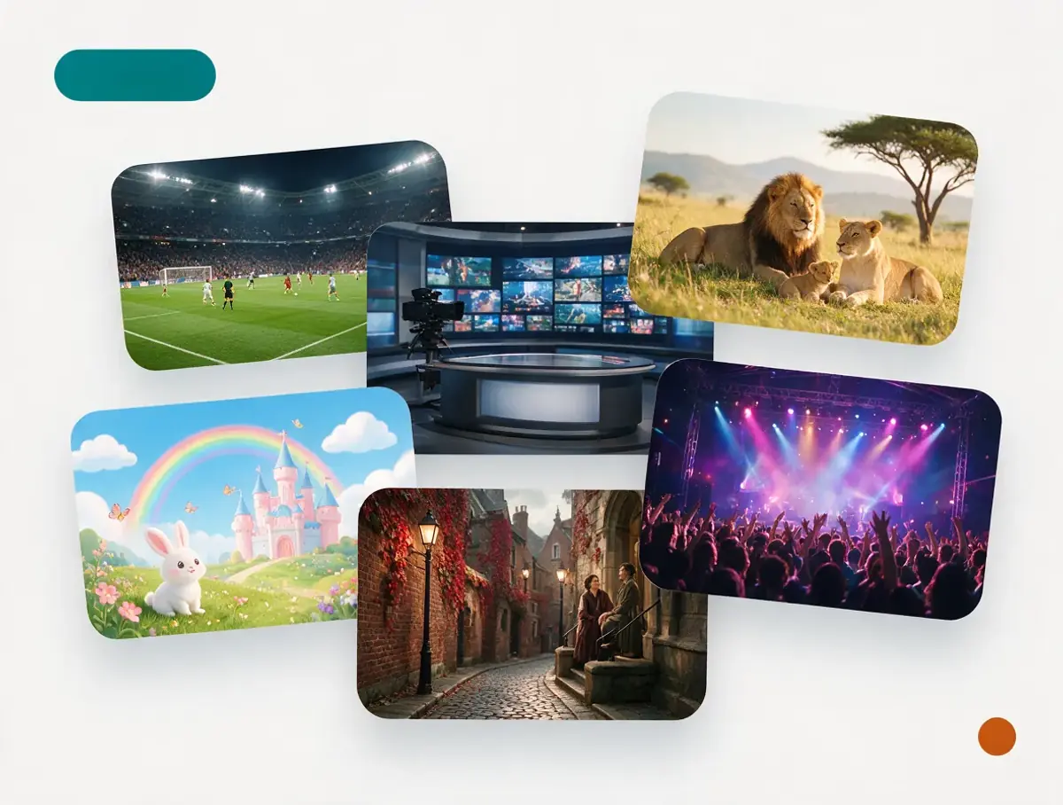 Mosaico del catálogo de Extreme IPTV con deporte en directo, informativos, documentales, animación y series