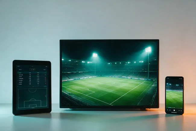 Un partido de fútbol nocturno retransmitido a la vez en televisor, tablet y móvil con Extreme IPTV